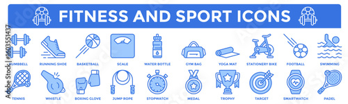 Fitness and sport icons collection. Contains dumbbell, running shoe, smartwatch, stationary bike, swimming, boxing glove icons. Simple blue vector illustration.	
