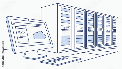 Illustration of Server Racks Computer Monitor and Data Storage.
