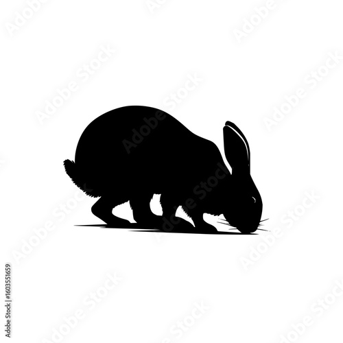 Silhouette of a rabbit bending down with its head near the ground in a black and white illustration