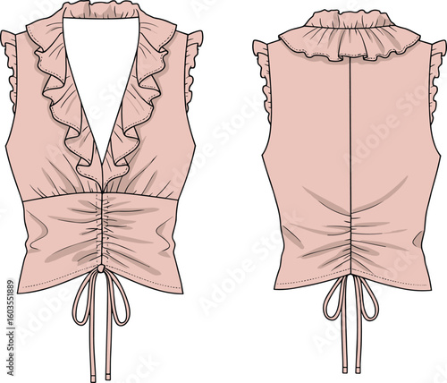 Elegant sleeveless blouse, ruffled neckline, front and back view, fashion design CAD, technical garment sketch, trendy apparel vector illustration