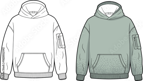 Trendy hoodie, CAD drawing, flat vector illustration, fashion design, apparel sketch, hoodie mockup, garment template,