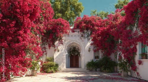Traditional Andalusian Arch with Bougainvillea Flowers Illumination.

