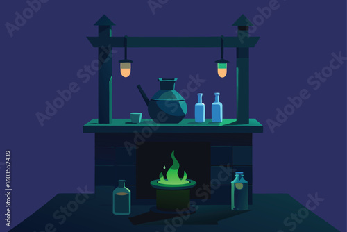 ancient spellbook glowing in witch’s den vector illustration