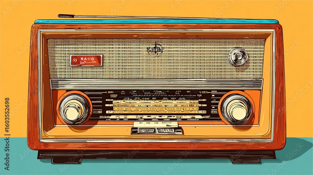 Fototapeta premium Nostalgic orange vintage radio with details, a golden hue. Controls, antenna