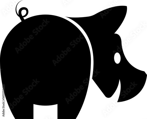 Minimalist black silhouette of a happy smiling pig viewed from the rear, with a cute curly tail. Simple farm animal graphic icon or logo.