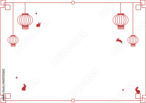 Year of the Rabbit decorative frame with traditional Chinese lanterns. Minimalist lunar new year celebration vector illustration.