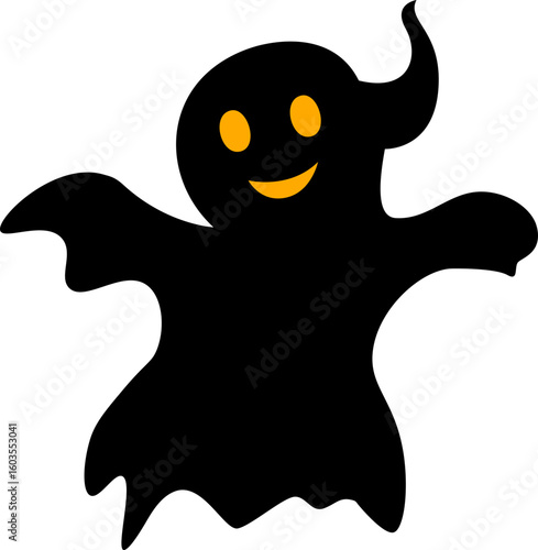 Friendly smiling black ghost character illustration. A cute paranormal phantom symbol for Halloween design concept isolated on a white background.