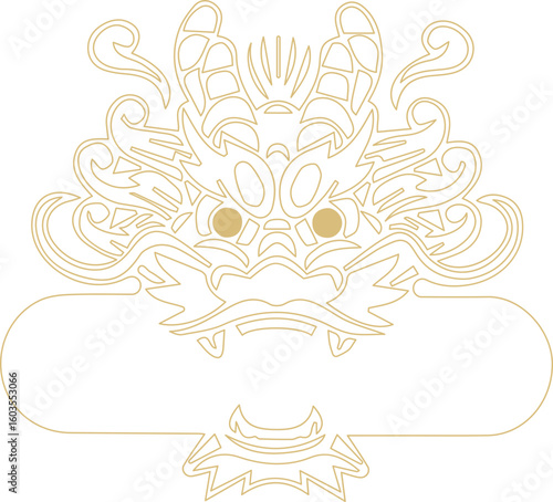 An intricate golden line art illustration of a mythical East Asian dragon head with a decorative blank frame for text