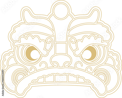 Mythical beast face vector in a gold outline style. Symmetrical design of a fierce Asian demon or guardian creature.