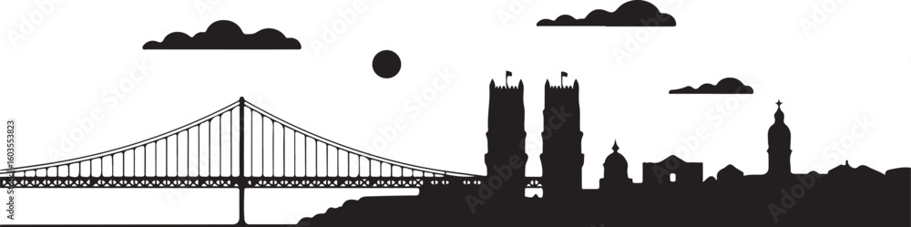 Fototapeta premium Lisbon Skyline Silhouette Vector with 25 de Abril Bridge and Belém Tower