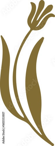 Simple stylized tulip icon in a muted gold color. Vector illustration of a blooming flower with stem and leaves, isolated on a white background.
