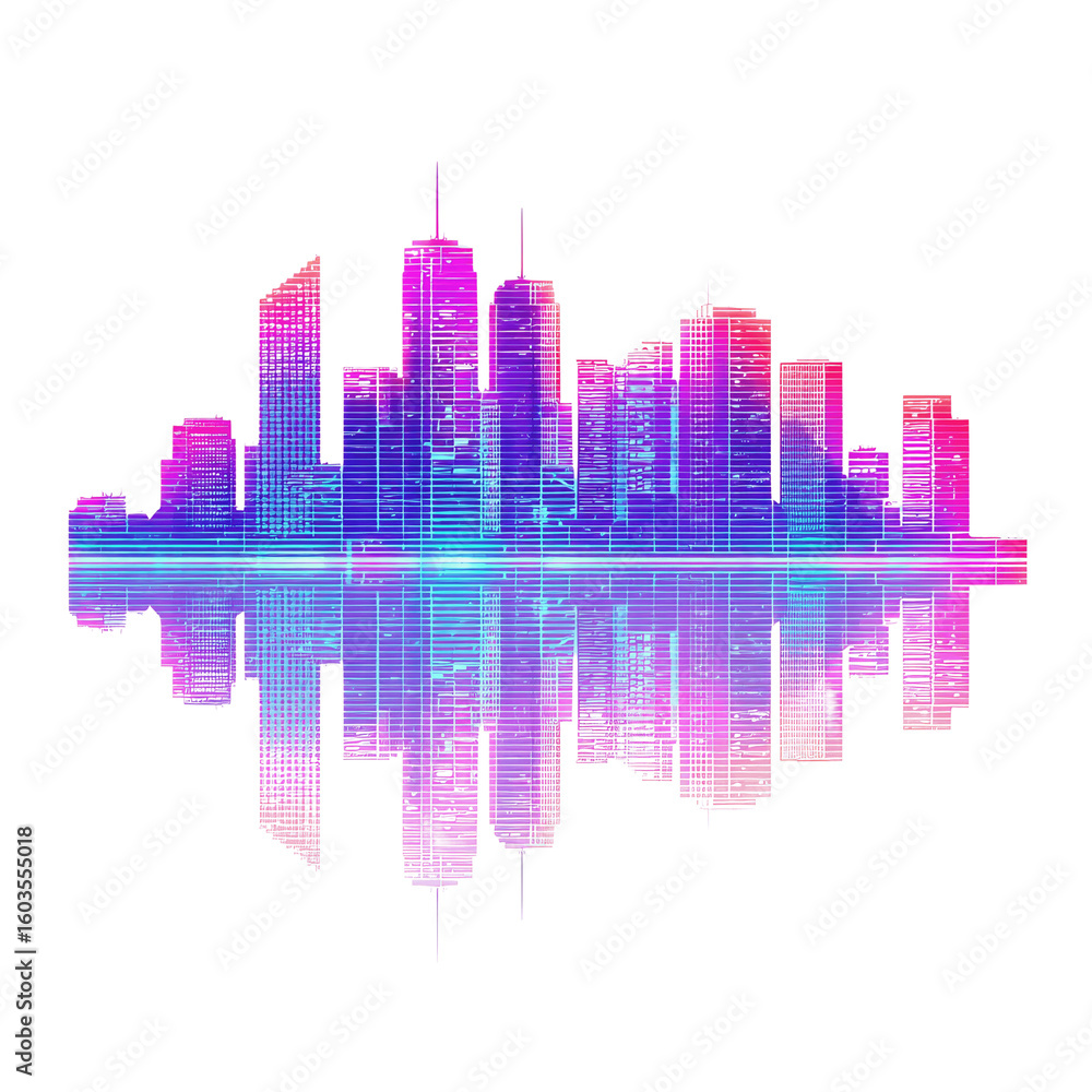 Obraz premium Glitch Cityscape Neon Skyline Reflection
