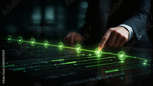 Project Timeline and Milestones Visualization	A project manager reviews a holographic timeline of a project, with key milestones highlighted with checkmarks.
