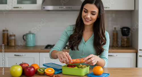 Mother Preparing Lunch Box for School on Kitchen Counter in Morning Light
