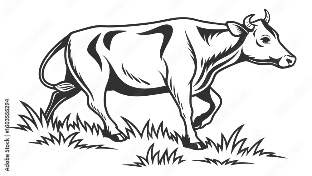Obraz premium Black and White Illustration of a Cow Walking Through Grass.