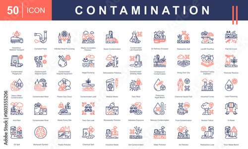 Contamination icon set including toxic waste, chemical spills, polluted water, radioactive leaks, and biohazards. Perfect for environmental, health, and industrial safety themes.