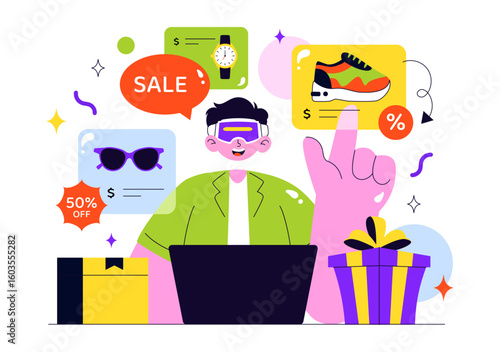VR Shopping Vector Illustration featuring People Using Virtual Reality Digital Glasses to Experience Innovative Metaverse Shopping in a Background