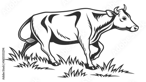 Black and White Illustration of a Cow Walking Through Grass.
