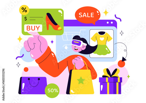 VR Shopping Vector Illustration featuring People Using Virtual Reality Digital Glasses to Experience Innovative Metaverse Shopping in a Background