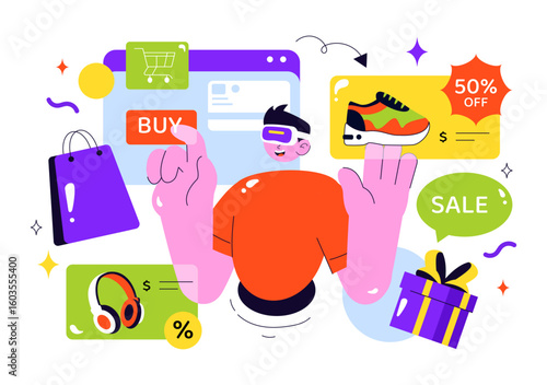VR Shopping Vector Illustration featuring People Using Virtual Reality Digital Glasses to Experience Innovative Metaverse Shopping in a Background