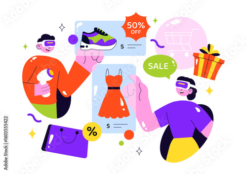 VR Shopping Vector Illustration featuring People Using Virtual Reality Digital Glasses to Experience Innovative Metaverse Shopping in a Background