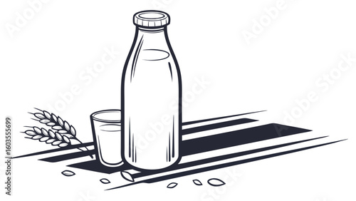 Glass of Milk with Bottle and Wheat on Wooden Surface.