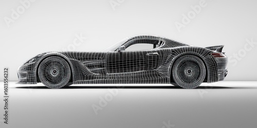 3D wireframe render of a sports car model from side view with clean background