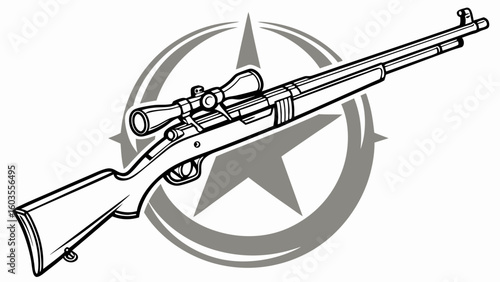Hunting Rifle with Scope and Star Emblem Graphic Design.