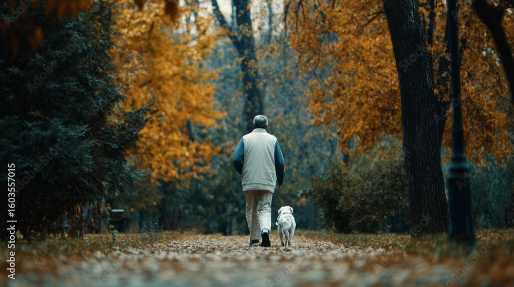 Fototapeta premium Serene Autumn Walk in the Park with an Elderly Man and His Pet Dog Surrounded by Vibrant Fall Foliage and Peaceful Pathways