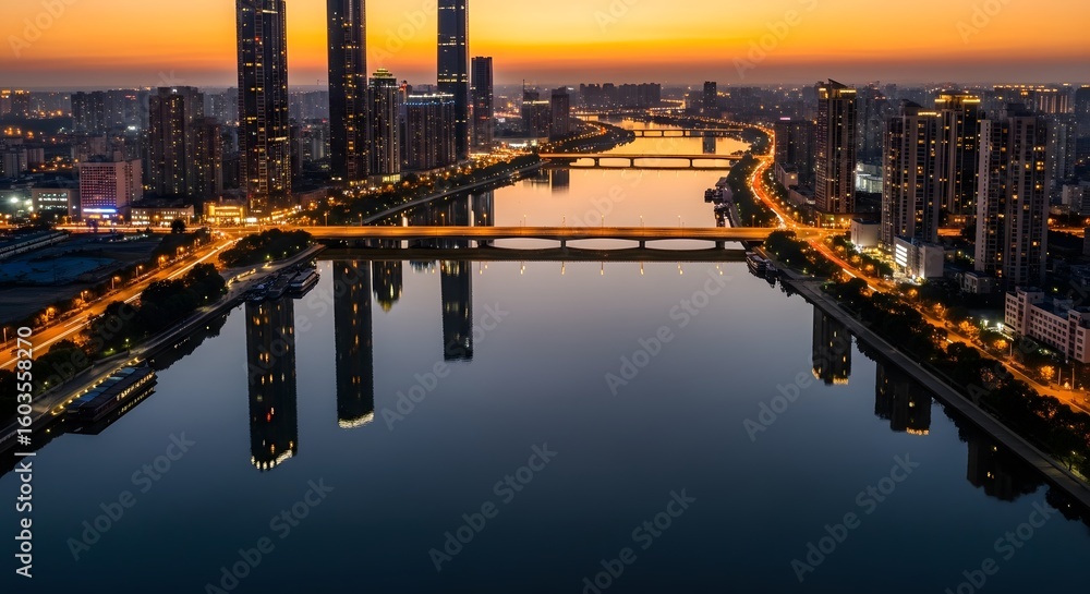 Fototapeta premium Aerial view of cityscape at dusk reflecting lights on water with buildings and bridges in the foreground under an orange sky