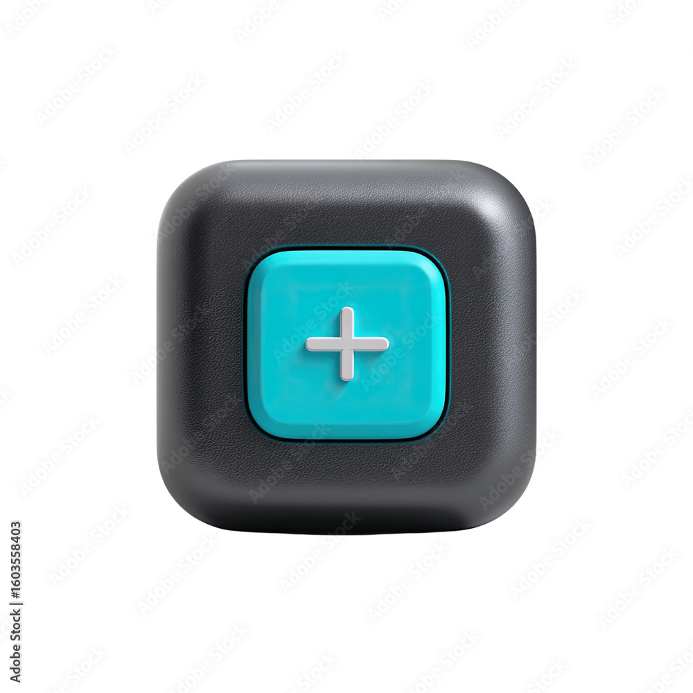 Obraz premium Close-up of a Teal Plus Button on a Black Square