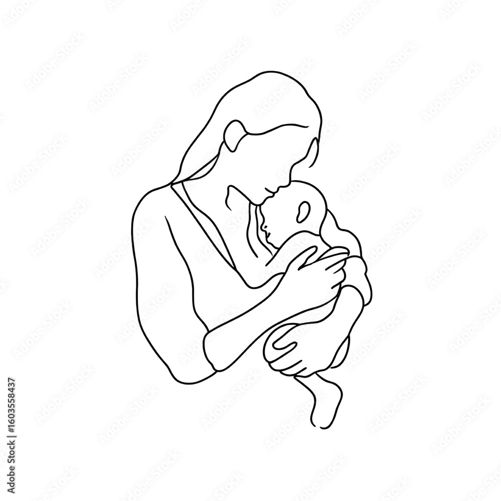 Fototapeta premium Tender Embrace Mother and Baby Line Art