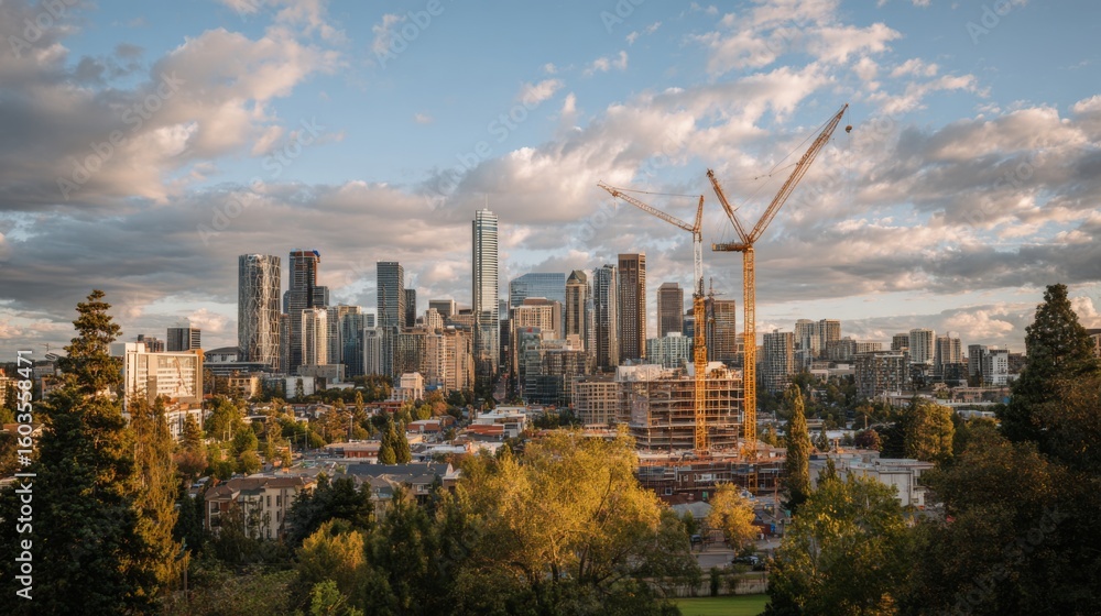 Obraz premium Urban skyline with cranes during sunset, showcasing construction progress and city life in a vibrant metropolitan area