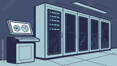 Server Room with Data Visualization on Monitor and Rack Servers.