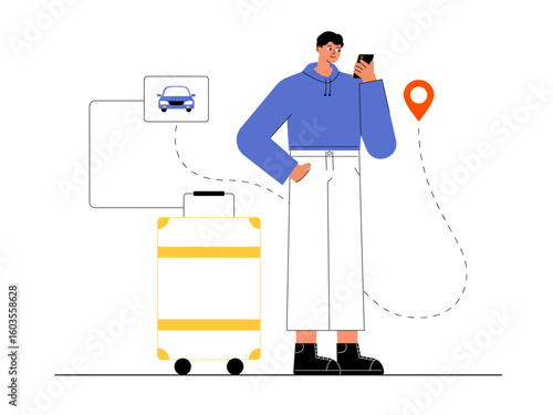Man determining a road trip destination on a smartphone. Road trip illustration. Flat vector illustration concept.