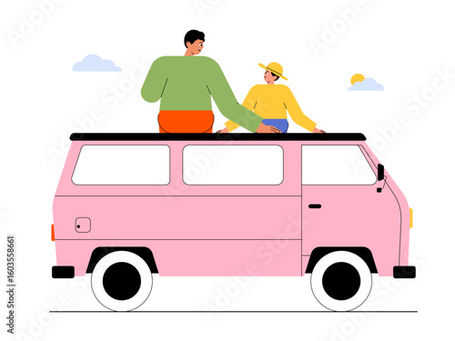 Father and son looking at the view from the top of the van. Road trip illustration. Flat vector illustration concept.
