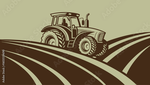 Tractor on Field Illustration in Brown and Beige Tones.