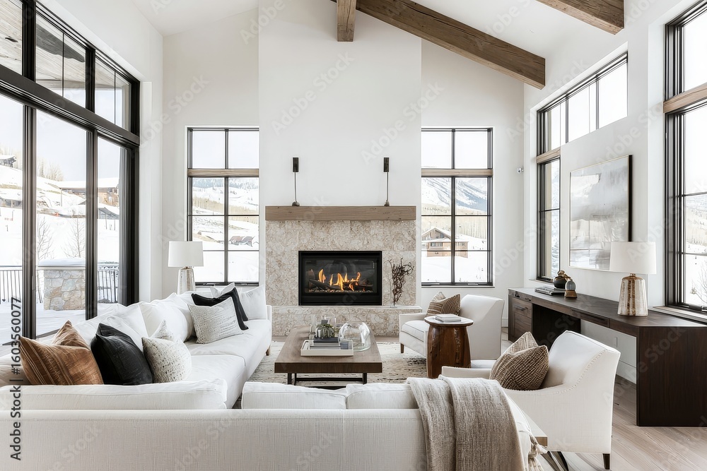 Sleek Modern Living Room with Ski Slope Views, Fireplace, and Natural Stone Decor - Studio McGee Style Sleek Modern Living Room with Ski Slope Views, Fireplace, and Natural Stone Decor - Studio McGee Style