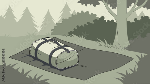 Cartoon duffel bag on a blanket in a forest setting.