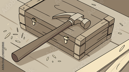 Cartoon Hammer Resting on a Wooden Toolbox with Wood Shavings.