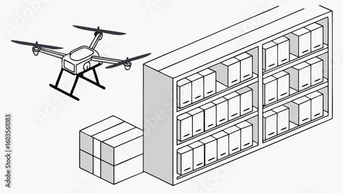 Drone Delivery System Warehouse and Quadcopter Illustration.