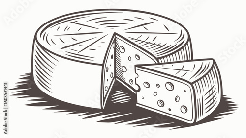 Handdrawn Illustration of a Round Cheese Wheel with a Wedge Cut Out.