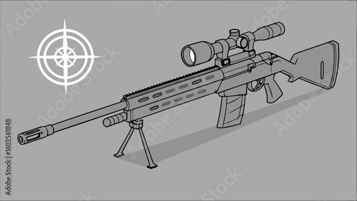 Isometric Line Drawing of a Sniper Rifle with Scope and Bipod.