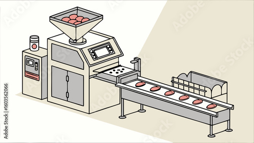 Meat Processing Machine on Conveyor Belt.