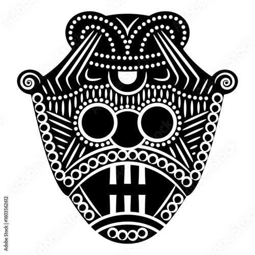 Ethnic Viking mask from ancient Denmark. Stylized human face. Norse mythology. Deity Loki or Odin. Black and white silhouette.