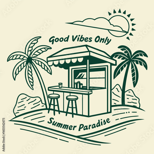 Tropical beach bar with palm trees and umbrella under cloudy sky good vibes only summer paradise silhouette