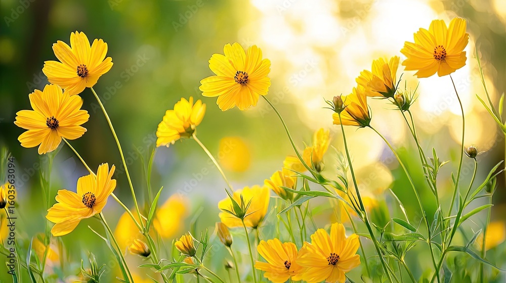 Fototapeta premium Bright Yellow Wildflowers in Natural Setting with Soft Focus and Sunlight for Spring or Summer Themes