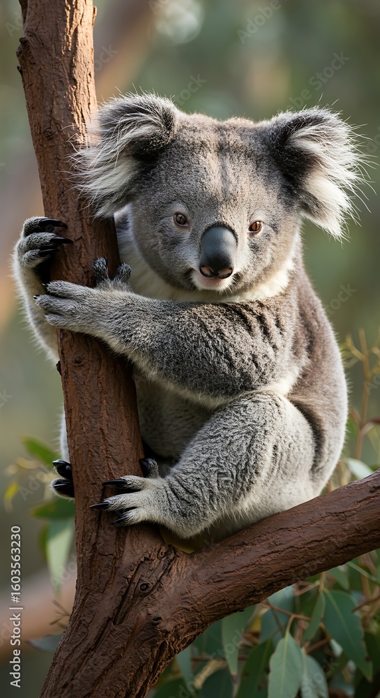 Fototapeta premium A koala bear clinging to a tree branch with its paws and looking directly at the camera in the daytime