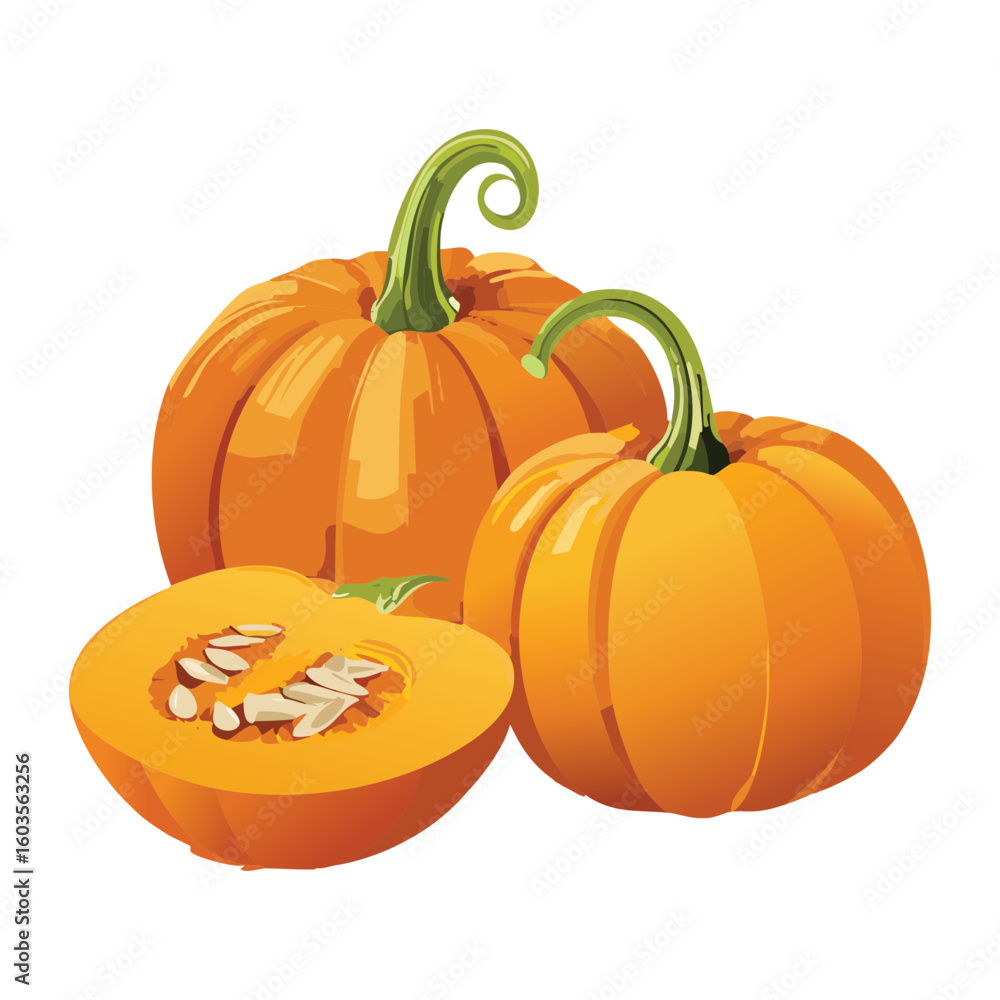 Obraz premium Fresh Orange Pumpkins with Sliced Half - Vector Illustration
