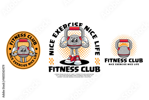 Strong kettlebell mascot cartoon illustration with showing both arm muscles for fitness, gym, bodybuilding. Vintage kettlebell colorful character badge logo design pack. Fitness logo with kettlebell